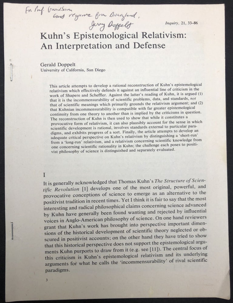 1978 inscribed offprint: Kuhn's Epistemological Relativism: An ...