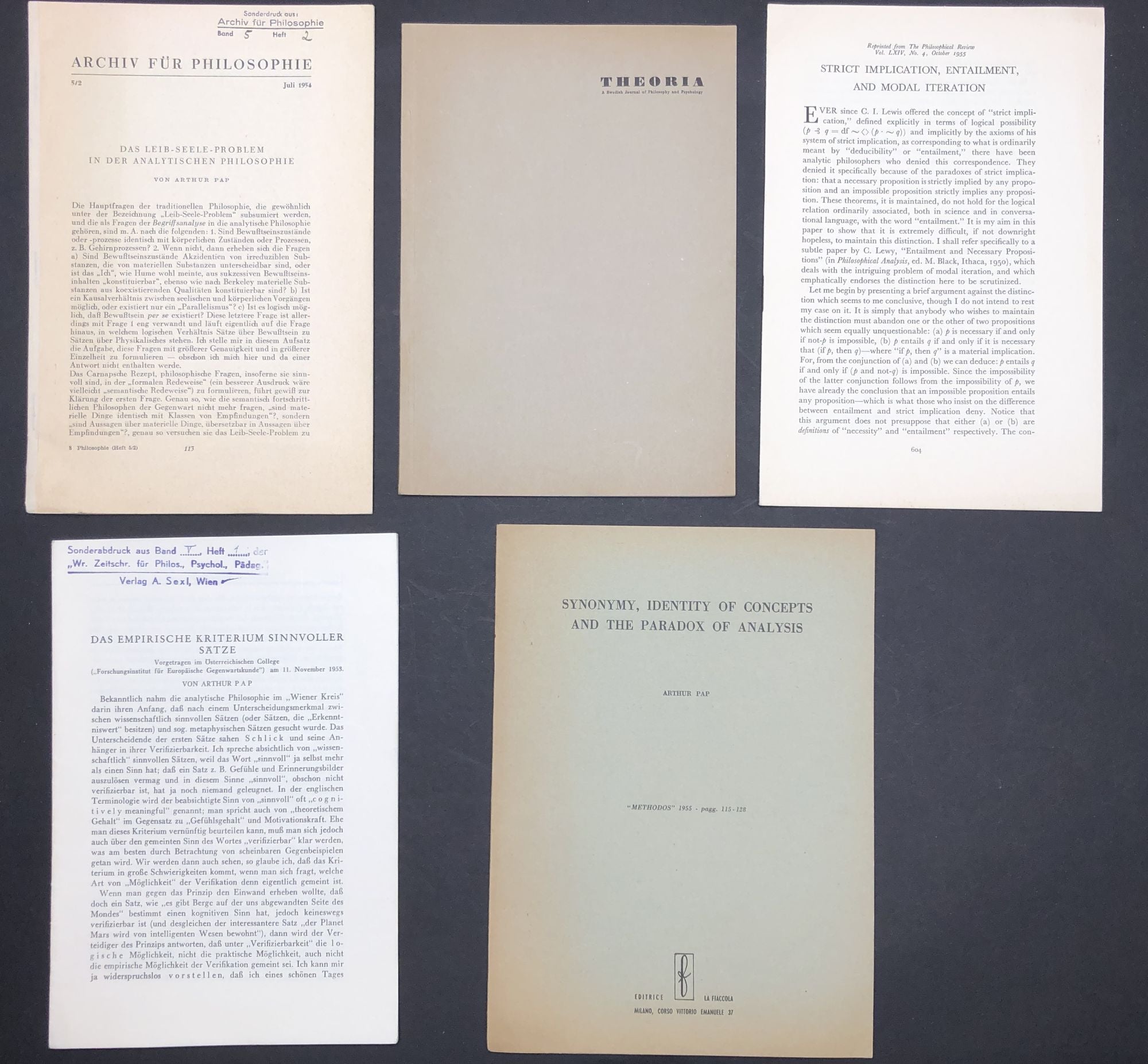 5 offprints from the collection of Adolf Grunbaum Das Empirische