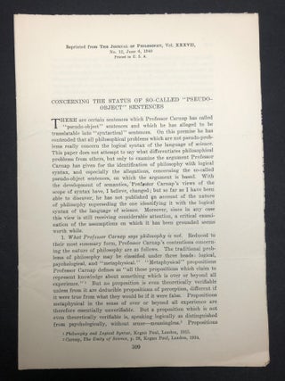 Item #H30426 1940 offprint: Concerning the Status of So-Called "Pseudo-Object" Sentences. C. J....