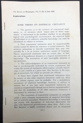 Item #H30429 1952 offprint: Some Theses on Empirical Certainty, Adolf Grunbaum collection. Carl...