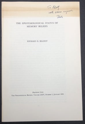 Item #H30447 The Epistemological Status of Memory Beliefs, 1955 offprint inscribed to Adolf...