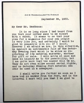 Item #H30493 1933 typed letter, signed, to an editor, explaining that the Saturday Evening Post...