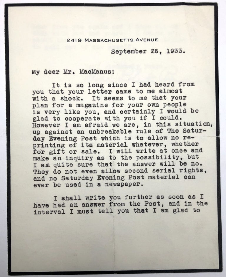 Item #H30493 1933 typed letter, signed, to an editor, explaining that the Saturday Evening Post doesn't allow reprinting, etc. Mary Roberts Rinehart.