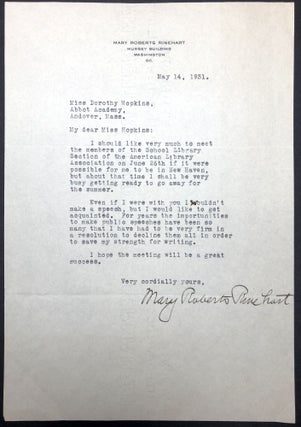 Item #H30494 1931 typed letter, signed, declining an invitation to speak at an American Library...