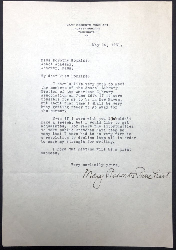 Item #H30494 1931 typed letter, signed, declining an invitation to speak at an American Library Association event. Mary Roberts Rinehart.