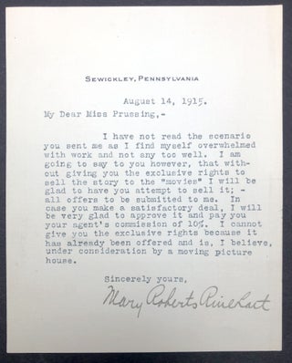 Item #H30496 1915 typed note to a Miss Prussing regarding selling a story to "the movies" Mary...