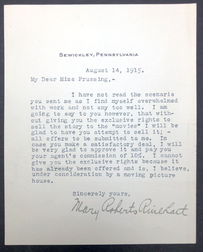 Item #H30496 1915 typed note to a Miss Prussing regarding selling a story to "the movies" Mary Roberts Rinehart.