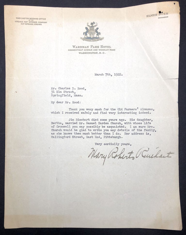 Item #H30497 1922 letter to Charles Rood, mentioning Pittsburgh family members and acquaintances. Mary Roberts Rinehart.