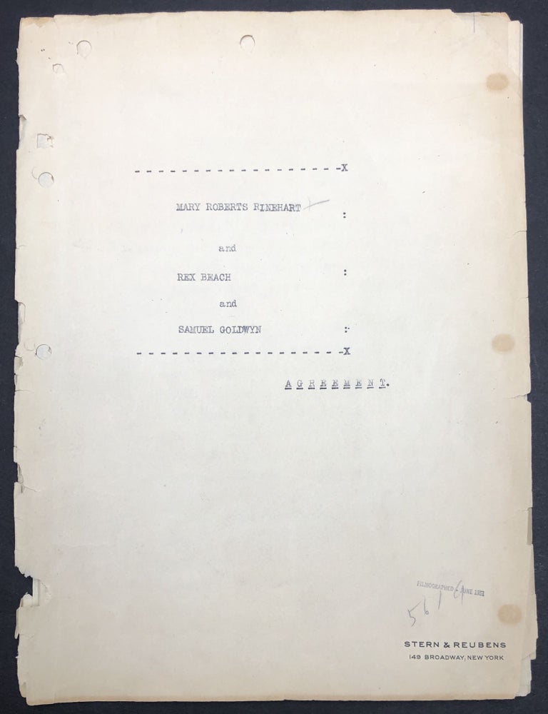 Item #H30499 Signed 1919 agreement between Rinehart, Rex Beach and Samuel Goldwyn. Mary Roberts Rinehart.