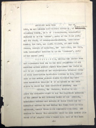 Signed 1919 agreement between Rinehart, Rex Beach and Samuel Goldwyn