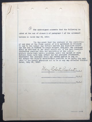 Signed 1919 agreement between Rinehart, Rex Beach and Samuel Goldwyn