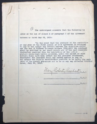 Signed 1919 agreement between Rinehart, Rex Beach and Samuel Goldwyn