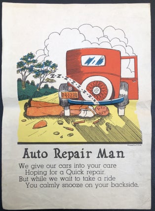 Item #H30689 Auto Repair Man -- 1920s-1930s satirical color cartoon sheet with verse. Beistle Co