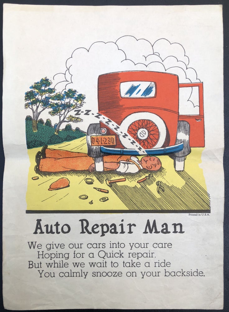 Item #H30689 Auto Repair Man -- 1920s-1930s satirical color cartoon sheet with verse. Beistle Co.