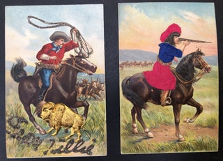 Item #H30692 2 1907 postcards of a cowboy and a cowgirl with glitter, appliqué etc