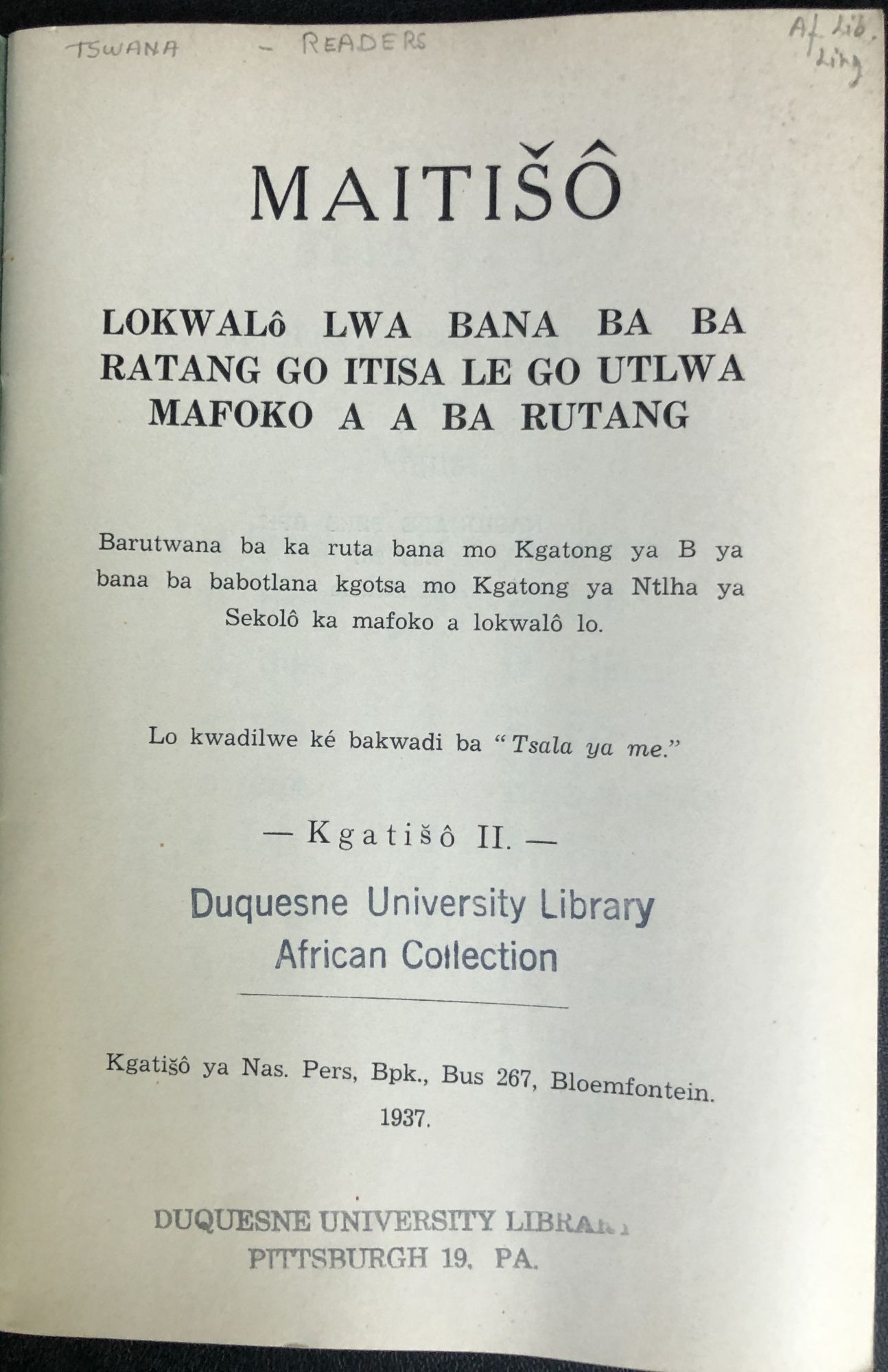 Tswana language reader for youth of African fables and animal stories ...