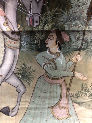 19th century Mughal Rajasthan Indian painting of a Maharani on horseback with entourage