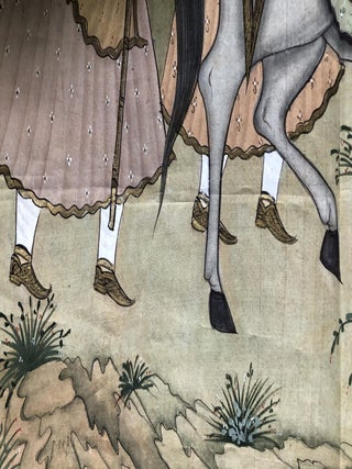 19th century Mughal Rajasthan Indian painting of a Maharani on horseback with entourage