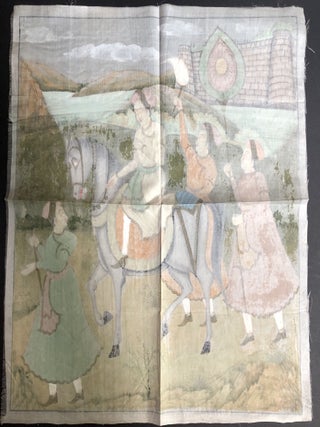 19th century Mughal Rajasthan Indian painting of a Maharani on horseback with entourage