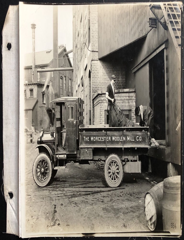 Item #H32089 Handsome 1920s linen backed photo of Worcester Wollen Mill Co. truck unloading at warehouse