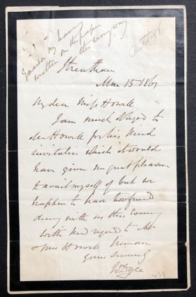 Item #H32577 1861 letter from the Scottish Pre-Raphaelite artist declining an invitation. William...