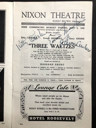1938 Nixon Theatre program "Three Waltzes" signed by Kitty Carlisle, Everett Marshall and Glenn Anders