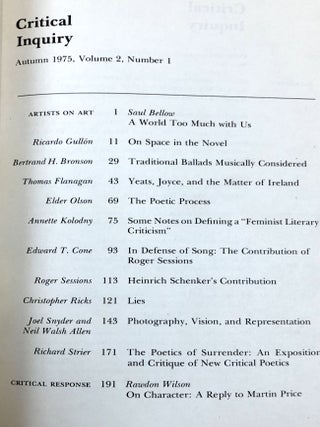 Critical Inquiry, Vol. 2 no. 1, Autumn 1975 with Bellow's "A World Too Much With Us"