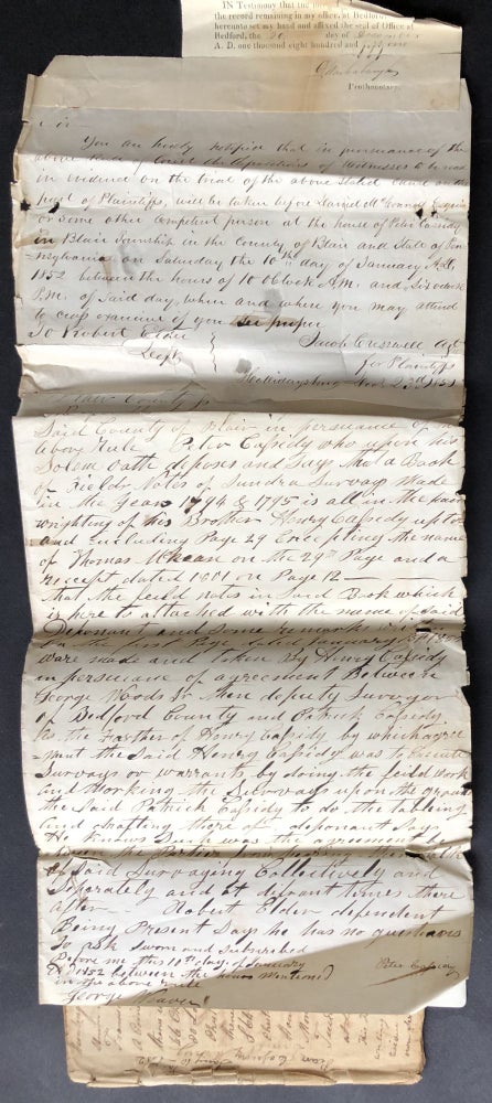 Item #H33117 1851-1852 Hollidaysburg legal document with handwritten survey notebook from 1794-1795. Blair, PA Bedford County.