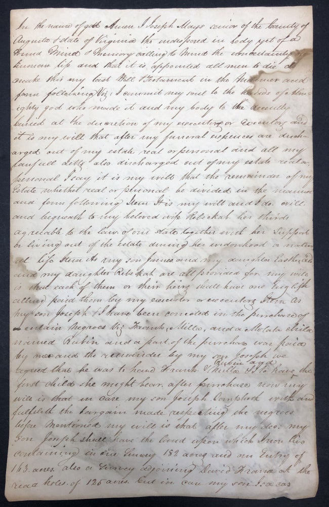 Item #H33268 Last will & testament of Joseph Mays including slaves, Augusta County, Virginia (1786) and 1813 codicils, Woodford County, KY. Joseph Mays, Lyddal Wilkerson.