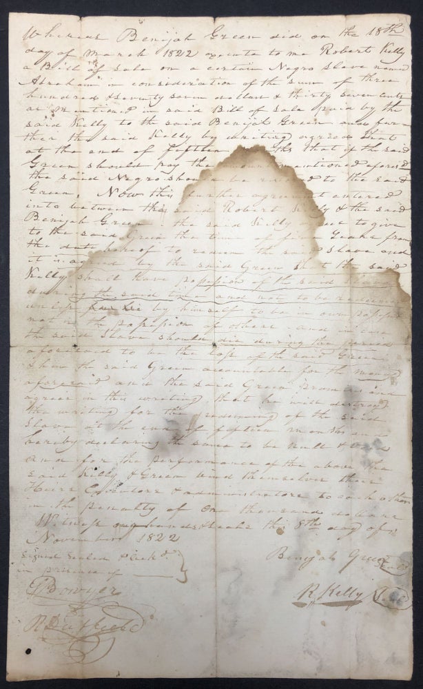 Item #H33270 1822 agreement regarding a slave named Abraham between Benijah Green & R. Kelly, Webster County, Virginia