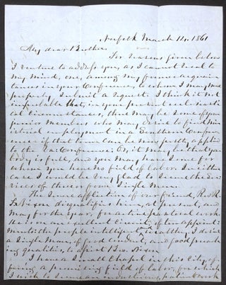 Item #H33483 1861 handwritten letter, prominent Norfolk Methodist to colleague in Staunton...