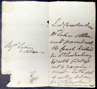 Item #H33504 1804 autograph note to coachbuilders regarding coach destined for Palmerston Park in...