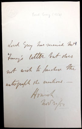 Item #H33505 1852 note declining to purchase an autograph. 3rd Earl Grey Henry George Grey