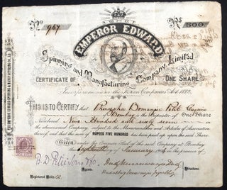 Item #H33635 1904 Indian scripophily for 500-rupee share in Emperor Edward cotton mill in Bombay....