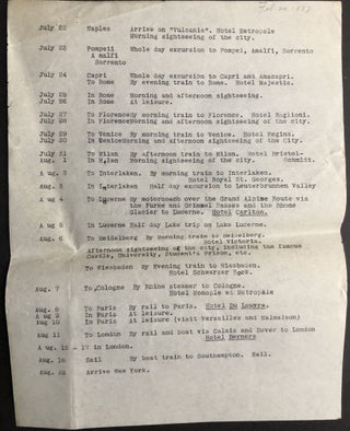 Group of 1934-1937 brochures, booklets, passenger lists, receipts, etc., for trip to Italy, Switzerland and Germany