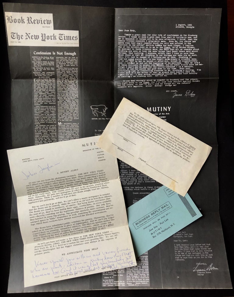 Item #H34884 1961 mailing from the editors of MUTINY anti-beatnik, anti-Ginsberg, pro-James Dickey. Jane Esty.
