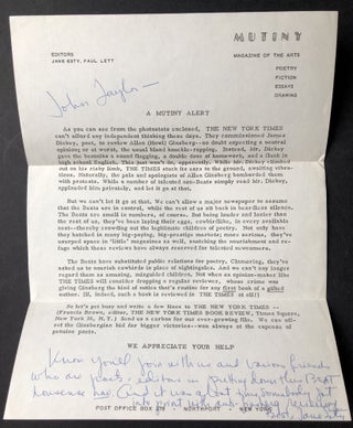 1961 mailing from the editors of MUTINY anti-beatnik, anti-Ginsberg, pro-James Dickey