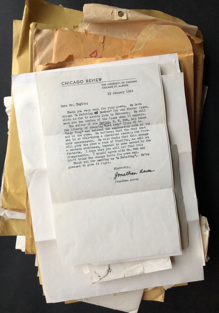 Item #H34970 Archive of 200 acceptance/rejection notes and literary correspondence to poet John Alfred Taylor including Robert Bly, Joseph McElroy, Dave Smith, Mona Van Duyn, John Williams, Thomas Williams, et al. Robert Bly, David Wagoner Thomas Williams, Mona Van Duyn, Tim Hildebrand.