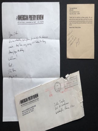 Archive of 200 acceptance/rejection notes and literary correspondence to poet John Alfred Taylor including Robert Bly, Joseph McElroy, Dave Smith, Mona Van Duyn, John Williams, Thomas Williams, et al.