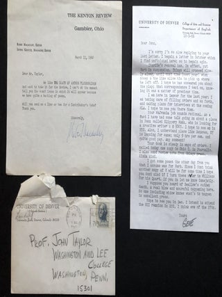 Archive of 200 acceptance/rejection notes and literary correspondence to poet John Alfred Taylor including Robert Bly, Joseph McElroy, Dave Smith, Mona Van Duyn, John Williams, Thomas Williams, et al.
