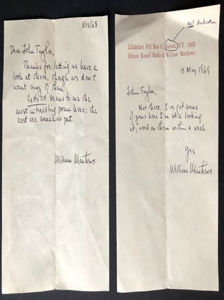 Archive of 200 acceptance/rejection notes and literary correspondence to poet John Alfred Taylor including Robert Bly, Joseph McElroy, Dave Smith, Mona Van Duyn, John Williams, Thomas Williams, et al.