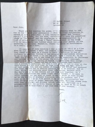 Archive of 200 acceptance/rejection notes and literary correspondence to poet John Alfred Taylor including Robert Bly, Joseph McElroy, Dave Smith, Mona Van Duyn, John Williams, Thomas Williams, et al.