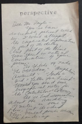 Archive of 200 acceptance/rejection notes and literary correspondence to poet John Alfred Taylor including Robert Bly, Joseph McElroy, Dave Smith, Mona Van Duyn, John Williams, Thomas Williams, et al.