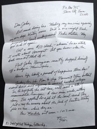 Archive of 200 acceptance/rejection notes and literary correspondence to poet John Alfred Taylor including Robert Bly, Joseph McElroy, Dave Smith, Mona Van Duyn, John Williams, Thomas Williams, et al.