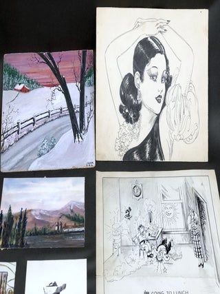 21 original pieces of art (1916-1947): drawings, watercolors, paintings, Christmas cards