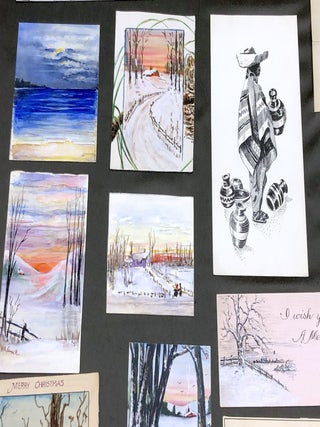 21 original pieces of art (1916-1947): drawings, watercolors, paintings, Christmas cards