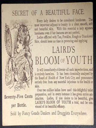 1880s trade card for Laird's Bloom of Youth: Beautifies the Complexion