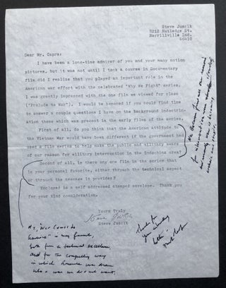 Item #H35602 Ca. 1980 handwritten replies to questions on war and movies posed by an admirer....