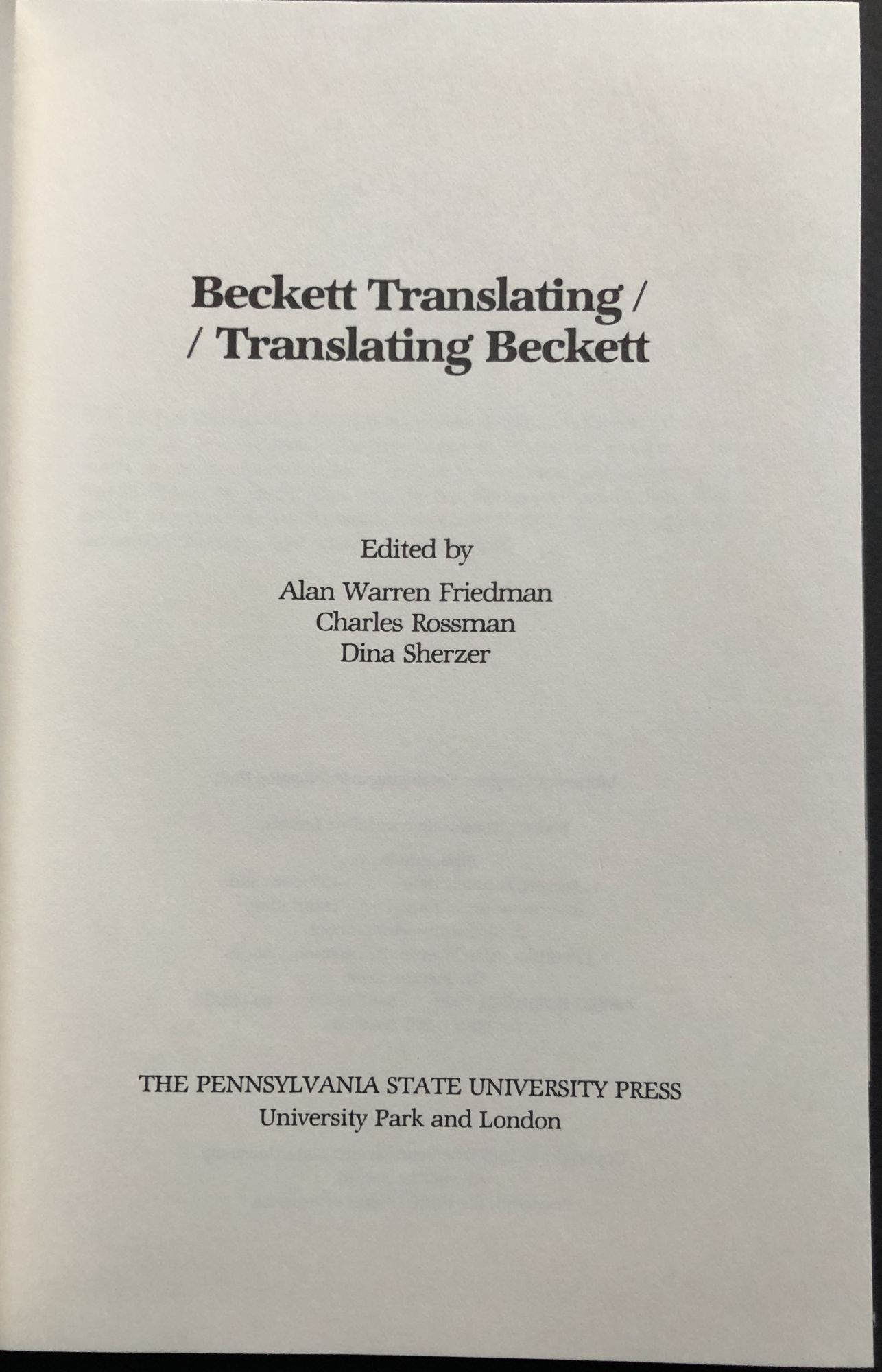 Beckett Translating / Translating Beckett | Alan Warren Friedman, eds ...