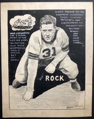 Item #H35641 Ca. 1937 cartoon of Merle "Bud" Rock as football player on Carnegie Highschool team....